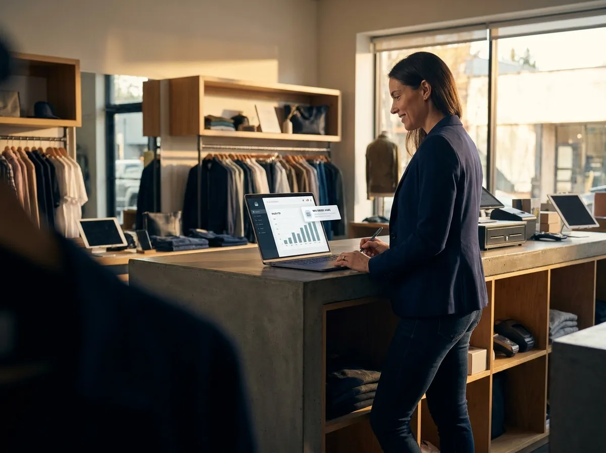 Shop owner managing her store with the sales dashboard on her laptop