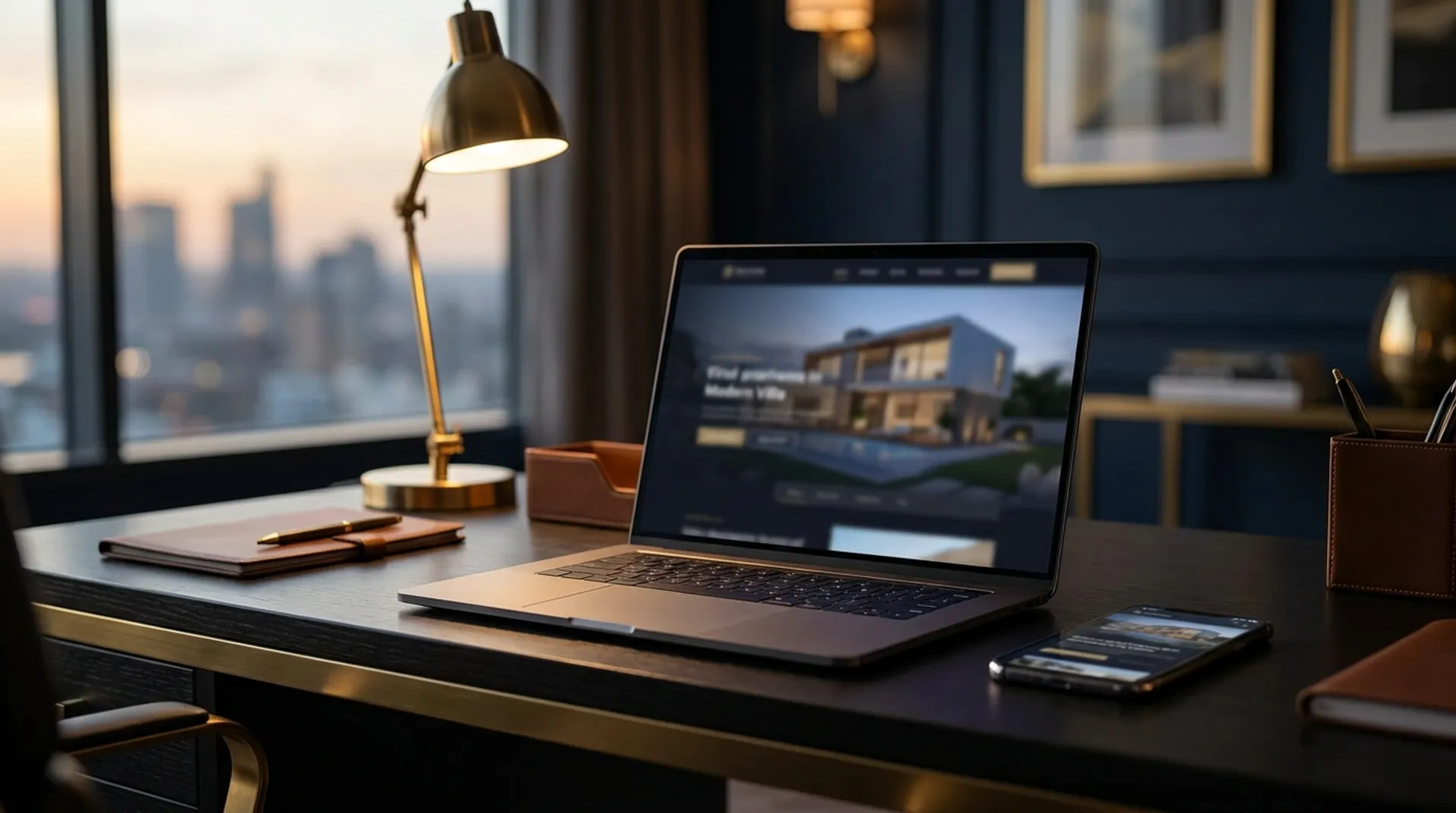 Portátil con una web premium en un despacho al atardecer