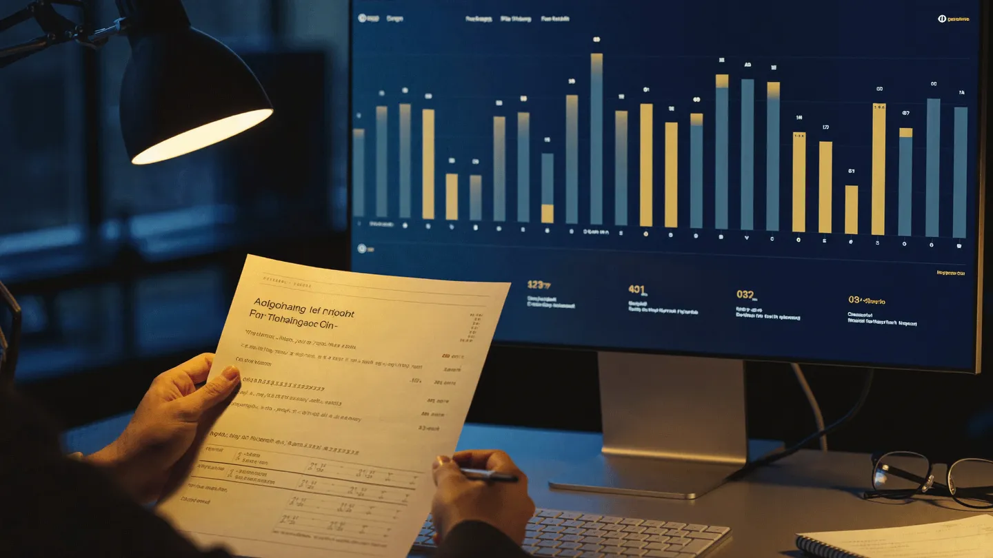 Hands reviewing a diagnosis report next to a metrics dashboard