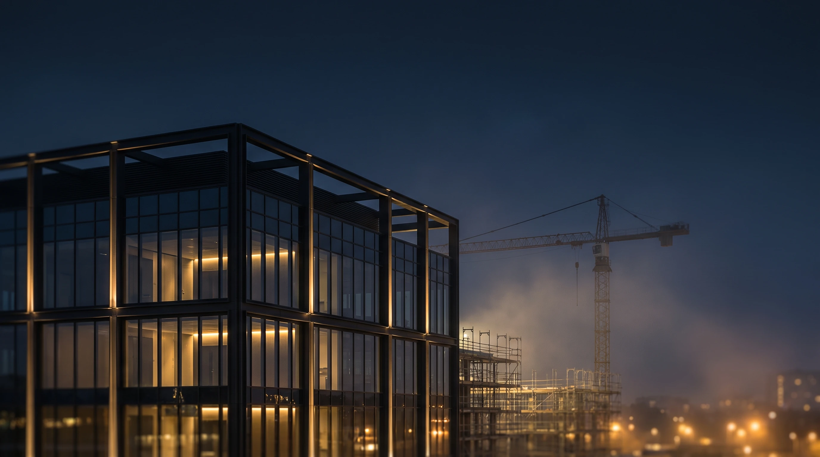 Building under construction with cranes at blue hour
